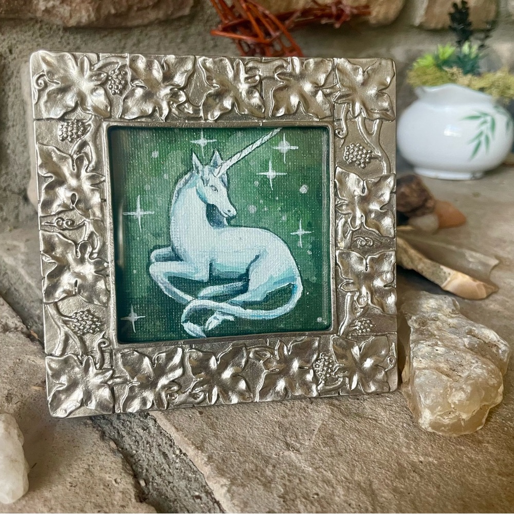 Original unicorn mini painting in silver frame